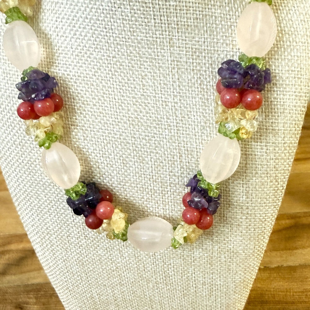 Fruit Salad Choker Necklace Rose & Crackle Quartz, Amethyst, Peridot, Citrine - Picture 2 of 4